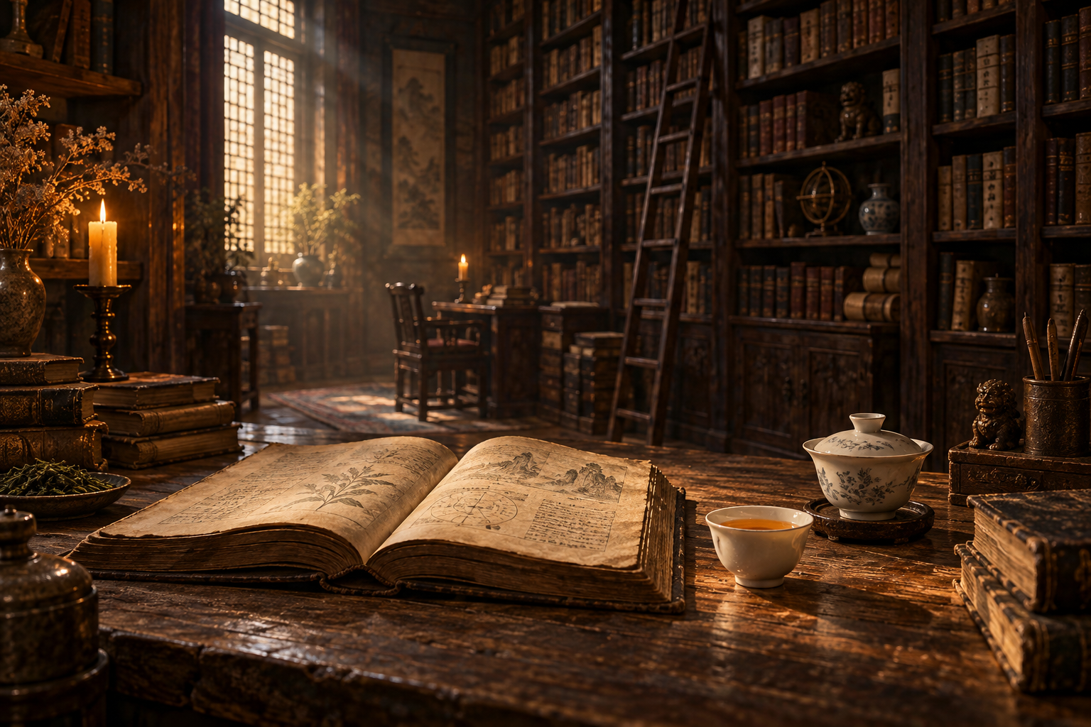 AI-generated illustration of amber tea and an open aged book in a candlelit library with tall wooden shelves.