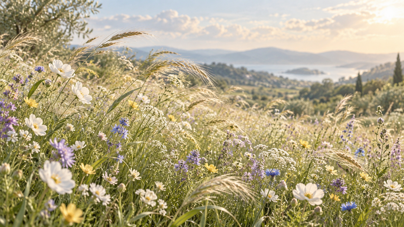 AI-generated illustration of wildflowers and tall grasses swaying in a soft breeze, inspired by the Bai Mu Dan tasting