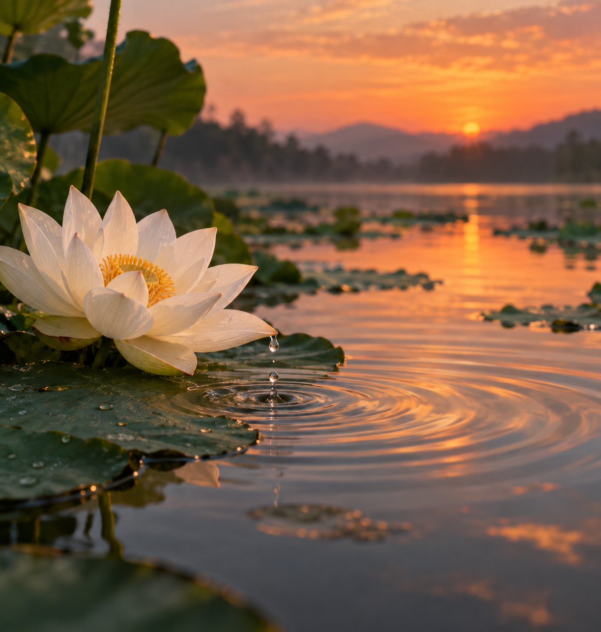 A white flower above broad green leaves, a falling droplet and spreading ripples on a still pond at orange sunset