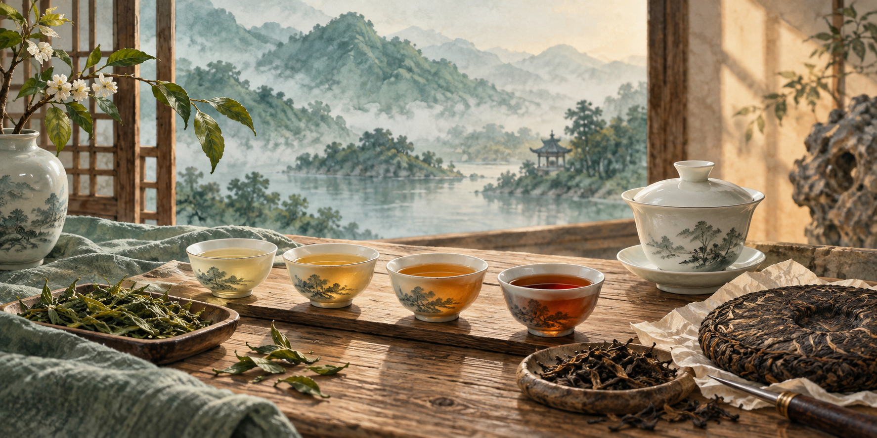 Illustration of porcelain cups filled with pale gold to deep amber tea, beside fresh leaves, a gaiwan and an aged tea cake.